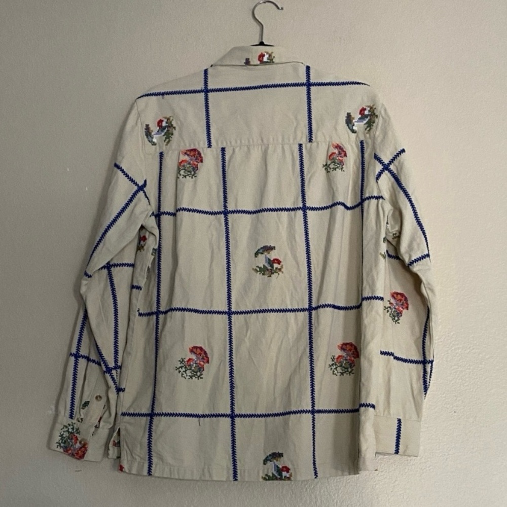 Urban Outfitters Flannel Cream Checkered Shirt with Embroidered Mushrooms - Picture 9 of 11